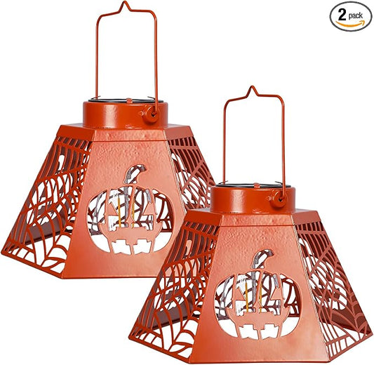 2-Pack 8.6" Halloween Solar-Powered Lanterns with Pumpkin Ghost Face Projection - Outdoor Jack-o'-Lantern Projection Lights, Waterproof Solar Stake Lights for Garden, Yard, Pathway Decor