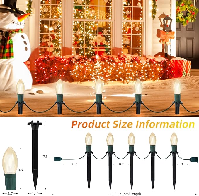30Ft C9 Led Christmas Pathway Lights Outdoor, 20 Warm White Bulbs Waterproof Connectable Christmas Walkway Lights with Stakes for Yard Lawn Sidewalk Driveway Christmas Decorations