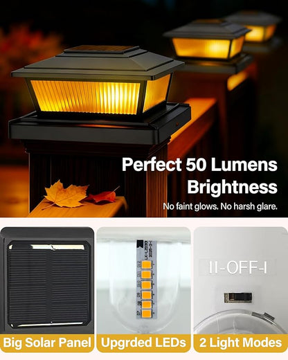 Solar Post Cap Lights Outdoor for 4x4 5x5 6x6 Wood/Vinyl Posts, 8 Pack Fence Post Solar Lights with Flickering Flame & Warm Modes for Deck/Garden/Patio, IP65 Waterproof - Black