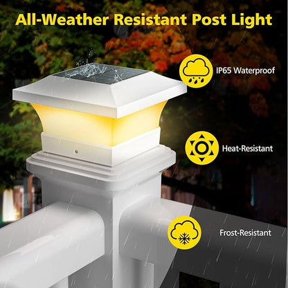 T-SUN Solar Post Cap Lights, Waterproof Outdoor Solar Powered Deck Fence Post Lights for 4 X 4 Wooden/Vinyl Posts, 3000K Warm White Lighting Decor for Deck, Patio, Garden, Porch, Fence(White - 6 Pack)