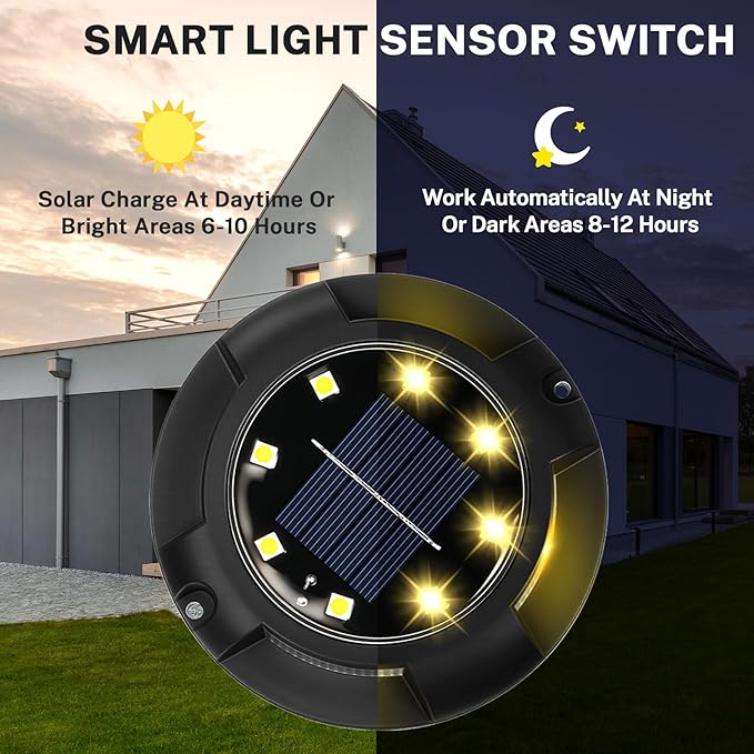 Solar Ground Lights, 8 Pack 12 LED Solar Disk Lights Outdoor Waterproof In-Ground Landscape Lighting for Garden Pathway Yard Lawn Patio Deck Driveway Walkway Outside Decor (Warm White)