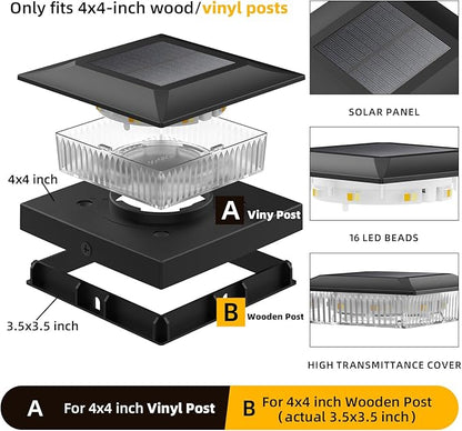 4x4 Solar Post Cap Lights 12 Pack, Fence Post Solar Lights with Warm White/Cool White, Only Fit 4x4 Wood/Vinyl Posts, Waterproof Outdoor Deck Post Light for Deck, Fence, Porch(Black)
