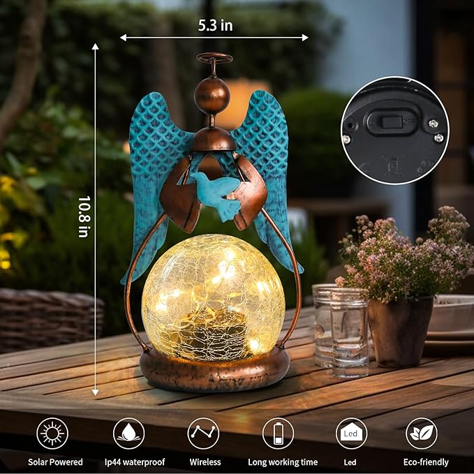 MUMTOP Angel Solar Lights Outdoor Garden - Solar Lanterns Light Decorative Waterproof with Glass Cracked Globe Tabletop Lantern Lamp Ornaments for Yard Patio Decor Gift (Hold Dove)
