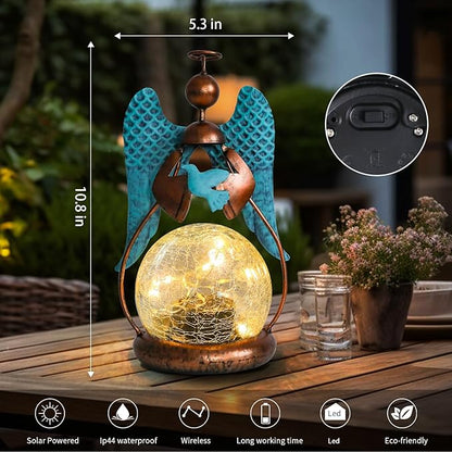 MUMTOP Angel Solar Lights Outdoor Garden - Solar Lanterns Light Decorative Waterproof with Glass Cracked Globe Tabletop Lantern Lamp Ornaments for Yard Patio Decor Gift (Hold Dove)
