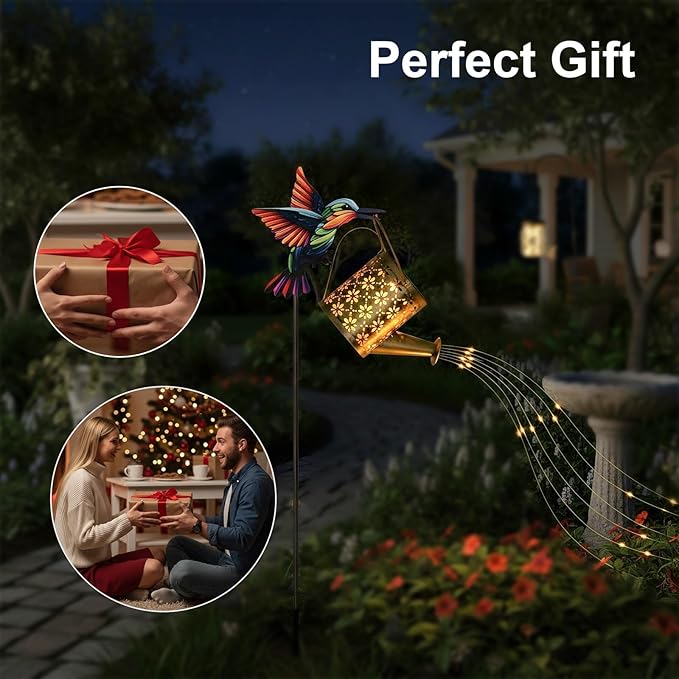 Solar Watering Can with Cascading Lights Outdoor Garden Decor,Solar Hummingbird Lights Shaped Hook Gardening Gifts, Hanging Garden Lights for Patio Yard Lawn Porch Outdoor Decoration