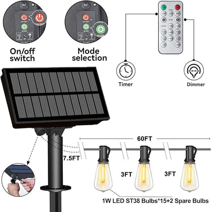 Stright 60FT Solar String Lights Outdoor Weatherproof with Remote, Solar Powered LED Edison Bulb 15 Sockets Outdoor String Lights for Outside Patio Backyard Fence Halloween Christmas Decorations