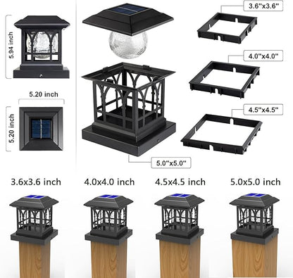 Solar Post Cap Lights, Warm White & RGB Automatic Cycling, Cracked Glass Bulb, 20 Lumens lP65 Waterproof Fit 3.6x3.6 4x4 4.5x4.5 5x5 Wood Fence Post Solar Powered Lights Black (6 Pack)