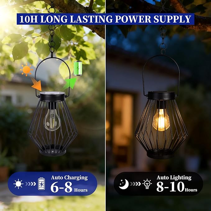 Solar Hanging Lantern Outdoor Waterproof, Metal Decorative Light with LED Bulb, Solar Powered Tabletop & Balcony Lighting – Garden Decor for Yard, Patio & Porch, Gift for Mom & Grandma