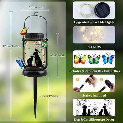 Dog Solar Lanterns Outdoor Garden Solar Dog Lights Dog & Cat Lover Gifts for Women Mom Grandma, Butterfly Fairy Lights Waterproof Hanging Mason Jar Lamps (Dog Cat Butterfly)