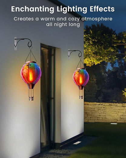 Luxvista Hot Air Balloon Solar Lantern, Rainbow Stain Glass LED Lights, Waterproof Hanging Solar Lantern with Flickering Flame Light for Yard Tree & Outdoor Garden Decor, Made of Glass, Easter Lights