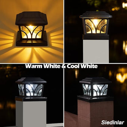 SIEDiNLAR Solar Post Cap Lights Outdoor, Aluminum Glass 2 Modes Edison LED Bulbs for 4x4 5x5 6x6 Vinyl Wooden Posts Deck Fence Patio Decor, Warm White/Cool White Lighting 6 Pack (Black)