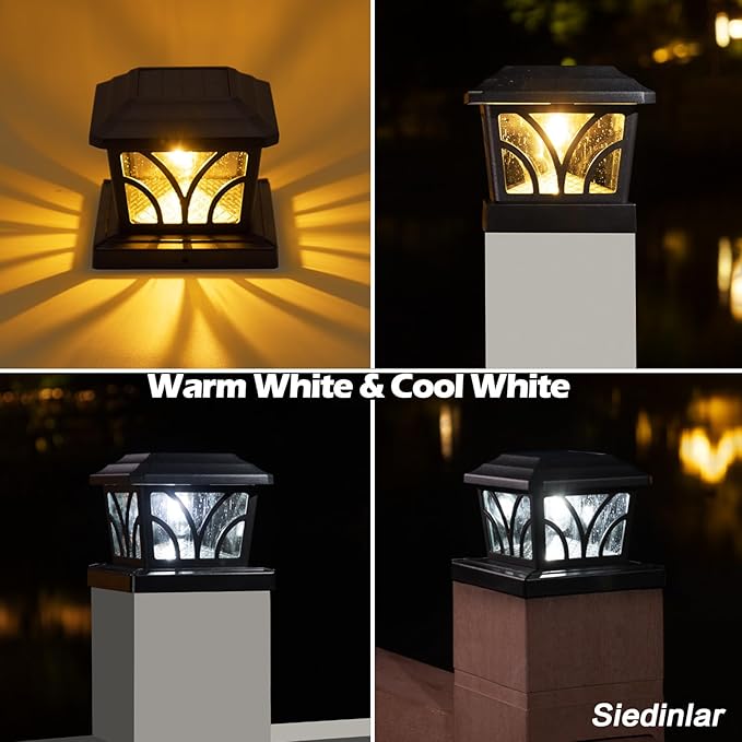 SIEDiNLAR Solar Post Cap Lights Outdoor, Aluminum Glass 2 Modes Edison LED Bulbs for 4x4 5x5 6x6 Wooden/Vinyl Posts Fence Deck Patio Decor, Warm White/Cool White Lighting 8 Pack (Black)
