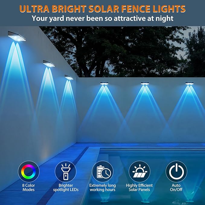 Solar Fence Lights Outdoor, 7 Fixed Colors ＆ Color Changing IP65 Waterproof Solar Powered Lights for Backyard/Patio/Fence/Wall/Deck/Step/Porch/Railings/Pool (8pack)