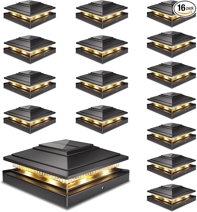 16-Pack Solar Post Cap Lights, Black Waterproof