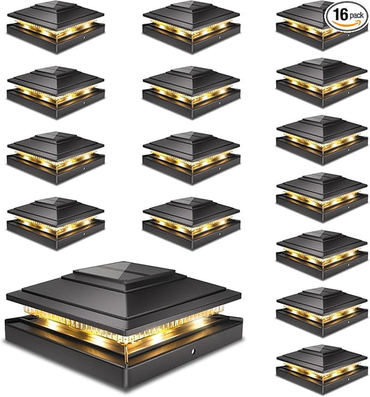 Solar Post Cap Lights Outdoor 16pack, Waterproof Fence Post Lights for 4x4 5x5 6x6 Wood/Vinyl Posts, Black Solar Deck Post Lights with 2 Color Modes Decorate Garden Patio Porch Backyard
