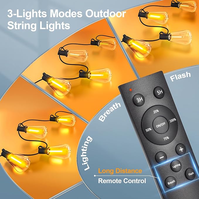 Outdoor String Lights, 200ft Waterproof ST38 Shatterproof Bulb Patio Lights, Remote Control, Backyard & Gazebo Hanging Lights