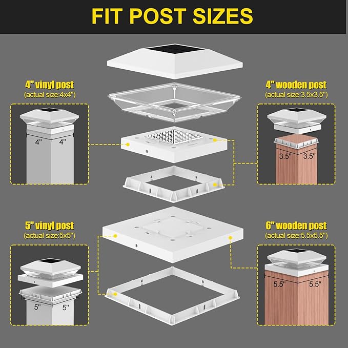 T-SUN Solar Post Cap Lights with Auto-Change Colors- for Wooden (4x4/6x6) & Vinyl (4x4/5x5) Posts | Weatherproof Outdoor Solar Fence Post Lights for Deck, Porch, Garden & Stairs(12-Pack,RGB)