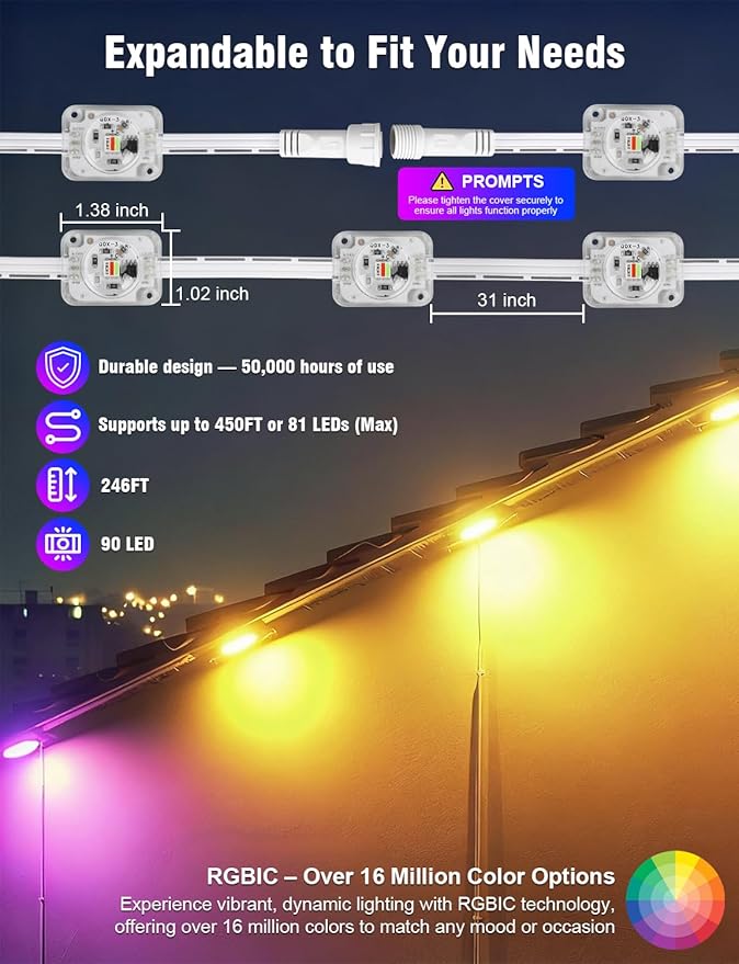 Permanent Outdoor Lights 250FT RGBIC LED Smart LED Lights, App/Remote Control IP68 Waterproof for Holiday Decor, 50 Scene Modes, DIY Lights Color Lighting Timing for Christmas Halloween Party