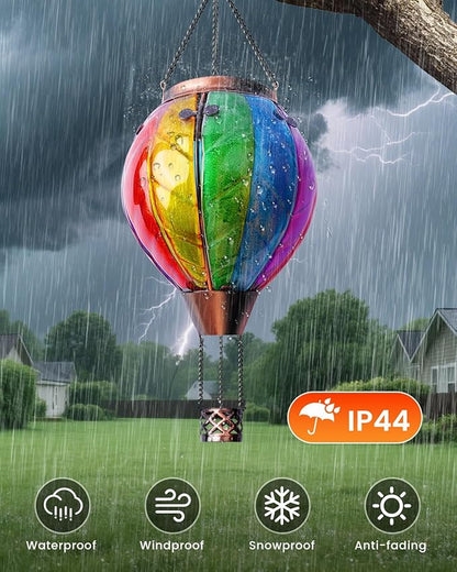 Luxvista Hot Air Balloon Solar Lantern, Rainbow Stain Glass LED Lights, Waterproof Hanging Solar Lantern with Flickering Flame Light for Yard Tree & Outdoor Garden Decor, Made of Glass, Easter Lights