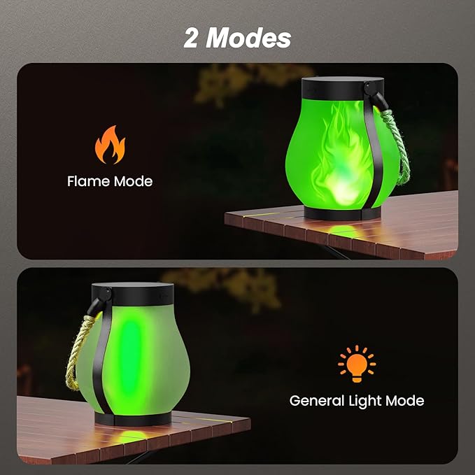 Hompavo Gen2 Solar Lanterns Outdoor with Ultra-Real Flame, Dual Charging (USB/Solar) & 2 Modes - Waterproof Decorative Hanging/Table Lights for Patio Garden Halloween Christmas Decorations, 2/Green