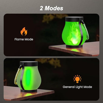 Hompavo Gen2 Solar Lanterns Outdoor with Ultra-Real Flame, Dual Charging (USB/Solar) & 2 Modes - Waterproof Decorative Hanging/Table Lights for Patio Garden Halloween Christmas Decorations, 2/Green