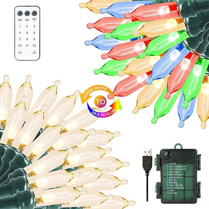 33ft 100 LED Warm White to Multicolor Battery Operated Christmas Tree Lights 8 Modes String Lights Indoor Outdoor for Christmas Tree Halloween Holiday Party Bedroom Classroom Decoration