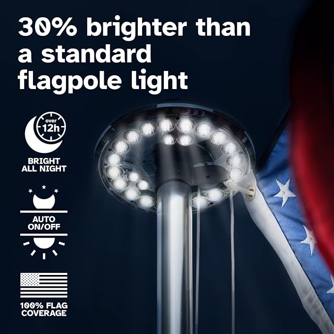 Deneve Deluxe Solar Powered Flagpole Lamp – Dusk to Dawn 12+ Hours, 26 LED, 1300 Lumen Outdoor Lighting for American Flag, Garden Decor, House Decor, 100% Coverage Silver Model