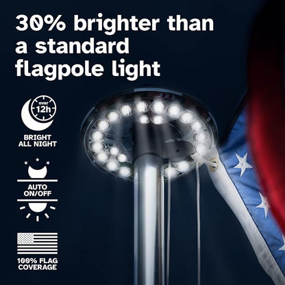 Deneve Deluxe Solar Powered Flagpole Lamp – Dusk to Dawn 12+ Hours, 26 LED, 1300 Lumen Outdoor Lighting for American Flag, Garden Decor, House Decor, 100% Coverage Silver Model