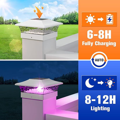 APONUO Solar Post Cap Lights with 8 RGB Solid Colors & Multicolor Flow - 12 Pack Fence Post Solar Lights, IP65 Waterproof - Fits 4x4 5x5 6x6 Wood & Vinyl Posts - White