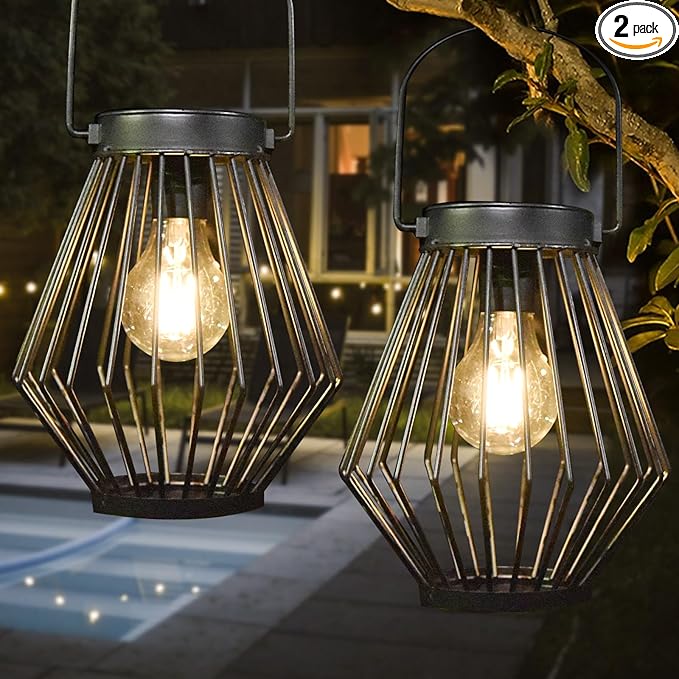 2-Pack Hanging Solar Outdoor Lanterns, Charming Waterproof LED