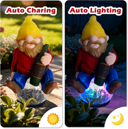 Drinking Gnome Solar Garden Statue - Funny Gnome Figurine with Colorful Crackle Ball LED Light - Perfect Novelty Patio Yard Decor and Gag Gifts - Funny Birthday Gifts for Grandma Mom Women