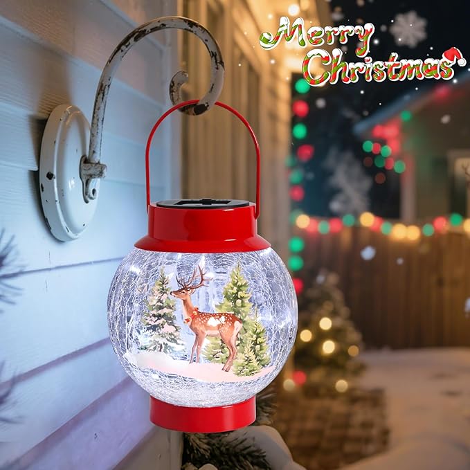 MUMTOP Solar Lantern Christmas Reindeer Light, Crackle Glass Christmas Lanterns Hanging Solar Lights Outdoor LED Waterproof Tabletop Lamp for Table Yard Garden Patio Lawn Christmas Decor