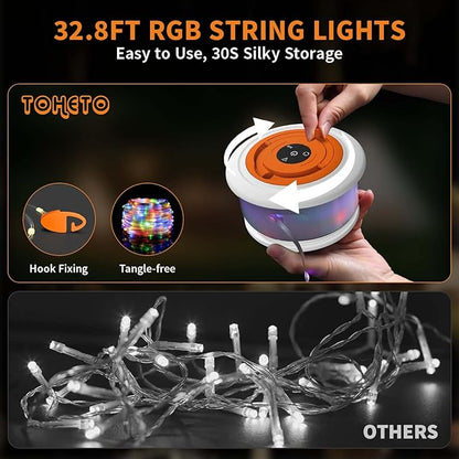 Camping String Lights, 3 in 1 Upgraded Retractable RGB Outdoor String Lights with 19 Lighting Modes,Quick 30s Recovery, 32.8 FT Portable Tent Lights, Rechargeable Camping Lantern (White&Orange)