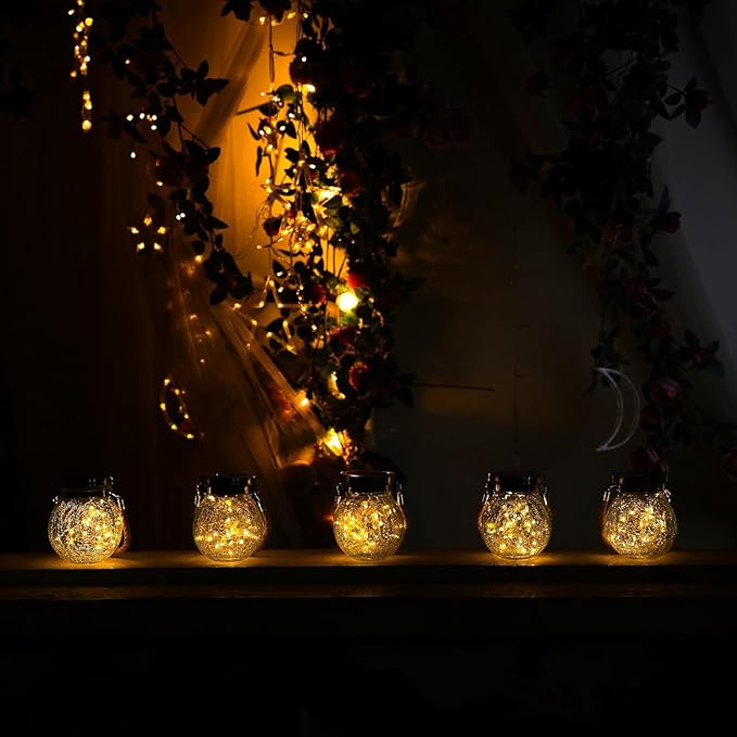 Cooo Christmas Gifts 4 Pack Solar Lanterns Waterproof Outdoor Heavy Crackle Glass 30 LED Warm Firefly Lights Stainless Steel Lid 215% Solar for Women Mom Grandma Outdoor Table Lamps Garden Yard Decor