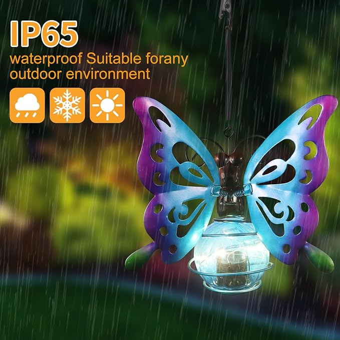 Butterfly Solar Outdoor Hanging Lantern Creative Small Sculpture Lights Durable Waterproof Lamp Suitable for Festivals Garden Decor Birthday Gifts for Grandma Mom Women Girl