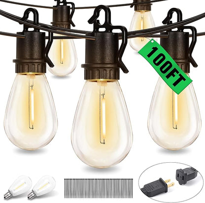 100FT Outdoor String Lights with 52 Shatterproof S14 Vintage Edison Bulbs E12 Sockets,2700K Dimmable Outdoor Lights,IP55 Waterproof LED String Lights for Outside, Patio, Garden, Backyard,Bistro
