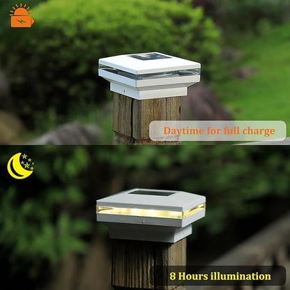 Dynaming 12 Pack Solar Post Lights, Outdoor Solar Powered Decorative Post Cap Light, White Shell & Warm White LED Lighting for Fence Deck Patio, Only Fit 3.5"x3.5" Wooden Posts