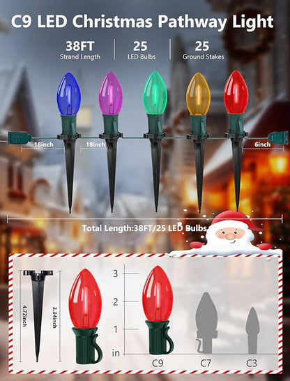 38FT Multicolor LED Christmas Pathway Lights, 25 Multicolor Extendable Weatherproof Christmas Walkway Lights with C9 LED Bulbs and Stakes for Outdoor Lawn Patio Yard Christmas Decorations