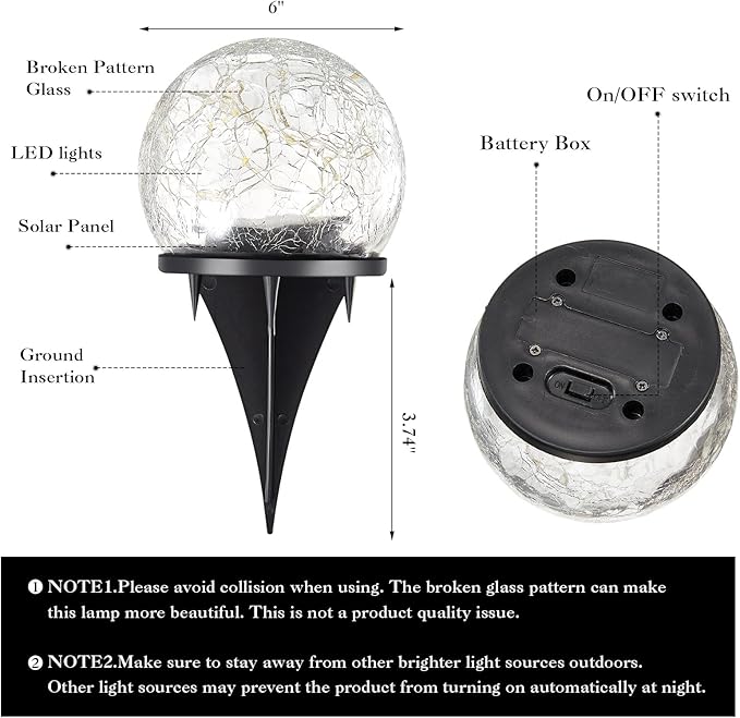 Honoson Solar Globe Lights Outdoor - Waterproof Cracked Glass Balls for Garden, Patio, Lawn & Yard, Warm White Solar LED Lights with Easy Installation & Durable Design(6 Inch,4 Pieces)