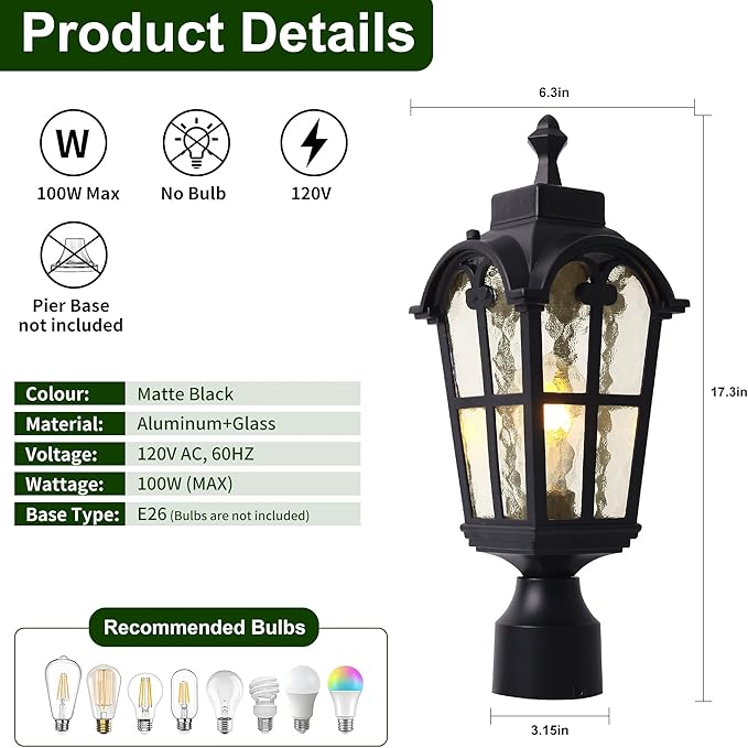 Outdoor Post Lights Fixture Anti-Rust Lamp Post Light Fixture Waterproof Exterior Pole Light Outside Pole Lighting for Yard Pathway Driveway Fence
