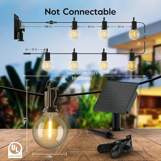 Minetom Solar Outdoor Lights - 108 FT Solar String Lights with 50 G40 Shatterproof Globe Bulbs Commercial Waterproof LED Bulbs for Outside Backyard Garden Decor
