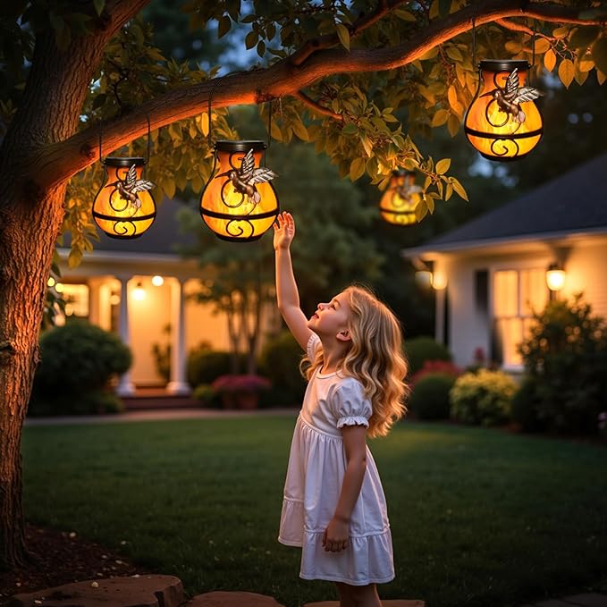 2-Pack Rustic Hummingbird Solar Lanterns for Backyard, Waterproof LED