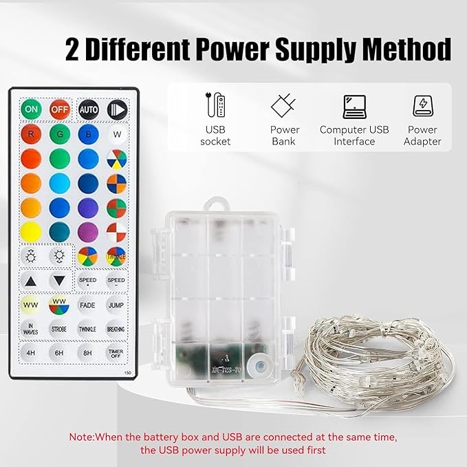 Dazzle Bright Color Changing Fairy Lights Battery Operated, 2 Pack Total 40FT 120LED Silver Copper Wire RGB String Lights with Remote, Waterproof Halloween Decorations for Indoor Outdoor Party Decor