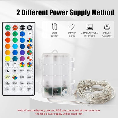Dazzle Bright Color Changing Fairy Lights Battery Operated, 2 Pack Total 40FT 120LED Silver Copper Wire RGB String Lights with Remote, Waterproof Halloween Decorations for Indoor Outdoor Party Decor