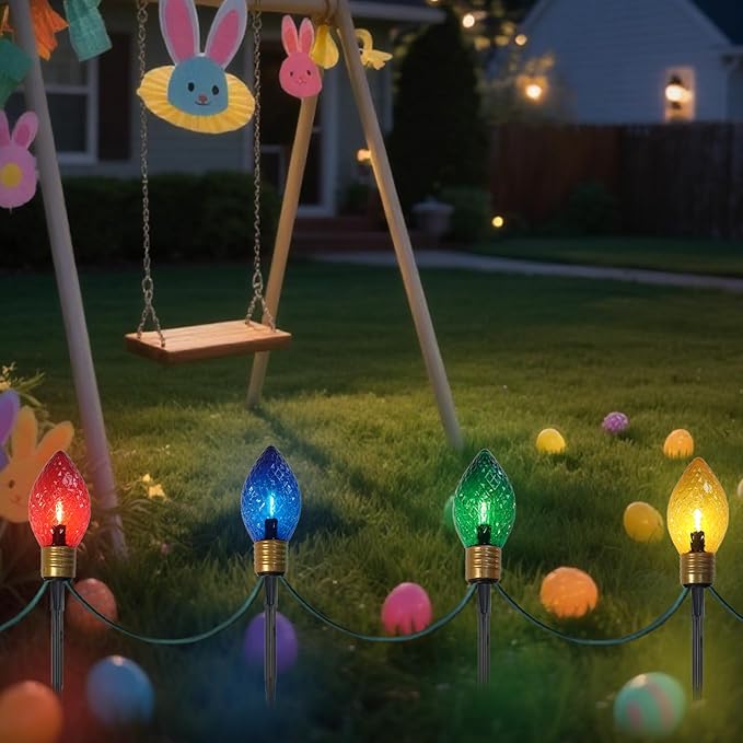 Jumbo Christmas Pathway Lights Outdoor, 7FT 4Pcs Connectable Plug in Multicolor Diamond Walkway Lights for Driveway, Fence, Yard Holiday Decor, Green Wire