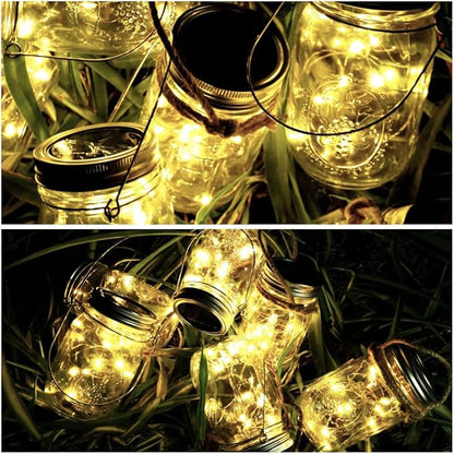 SmilingTown Solar Mason Jar Lights 10 Pack 20 LED Waterproof Outdoor Fairy Firefly String Light Lids with 10 Hangers Rust Resist for Patio Lawn Garden Wedding Lantern Decor No Jars (Warm White)