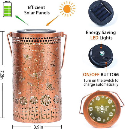 2 Pack Bee Outdoor Solar Hanging Lanterns Waterproof LED Solar Lights Metal Decorative Lanterns for Garden, Patio, Courtyard, Backyard, Yard Decor Unique Bee Gifts for Women Gardening