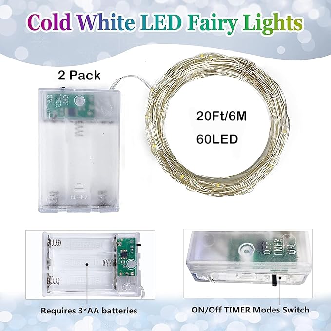 2 Pack 60 LED Christmas Fairy Lights Battery Operated with Timer, 20FT Waterproof Twinkle Lights Indoor Outdoor, String Lights for Bedroom, Wedding, DIY, Centerpiece, Christmas Decorations(Cool White)