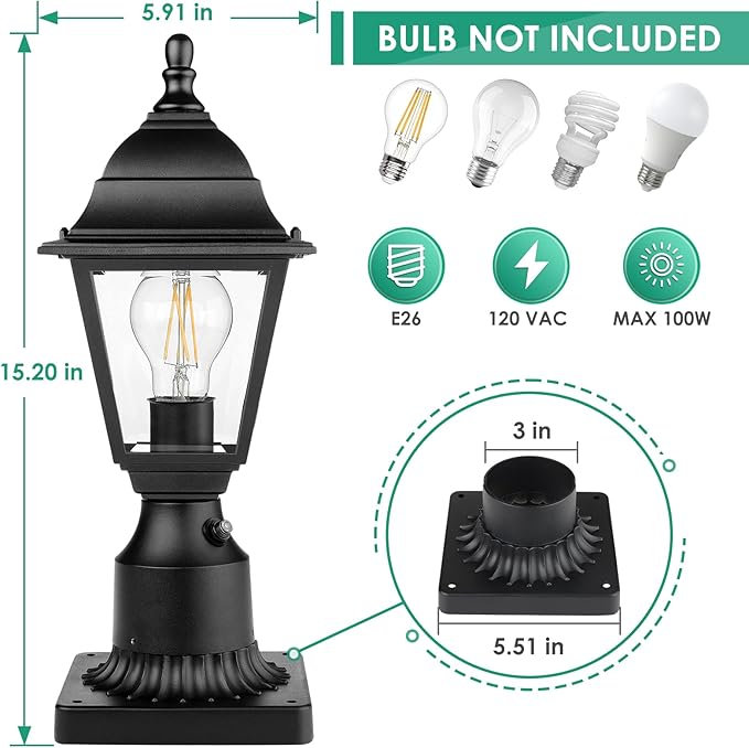 FOLKSMATE Dusk to Dawn Outdoor Post Lights, 2-Pack Waterproof Outside Post Lamps with Pier Mount, Exterior Pole Lantern with Clear Glass, Matte Black Light Fixture for Patio, Garden, Walkway