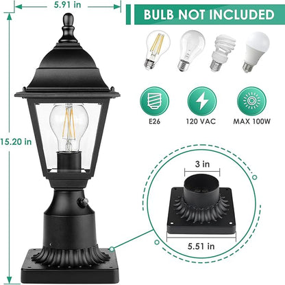 FOLKSMATE Dusk to Dawn Outdoor Post Lights, 2-Pack Waterproof Outside Post Lamps with Pier Mount, Exterior Pole Lantern with Clear Glass, Matte Black Light Fixture for Patio, Garden, Walkway